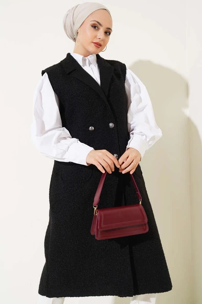 Düğmeli Uzun Buklet Yelek Siyah ürün görseli