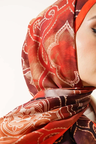 Dijital Etnik Desen Medine Şal Oranj - Resim 4