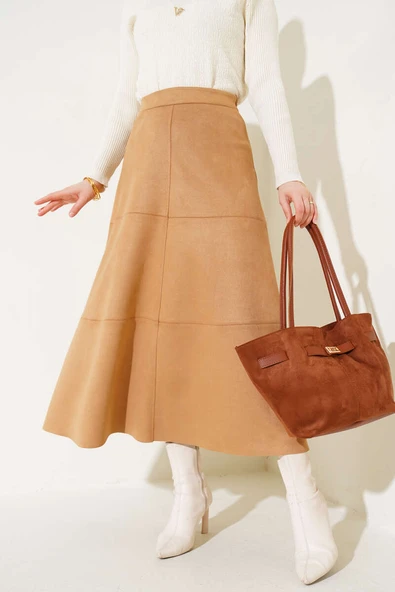 Fermuarlı Süet Kloş Etek Camel ürün görseli 1