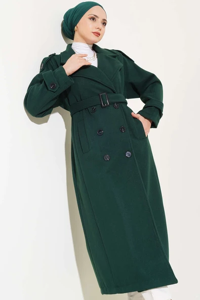 Omuz Apoletli  Kuşaklı Uzun Kaşe Kaban Zümrüt - Resim 2