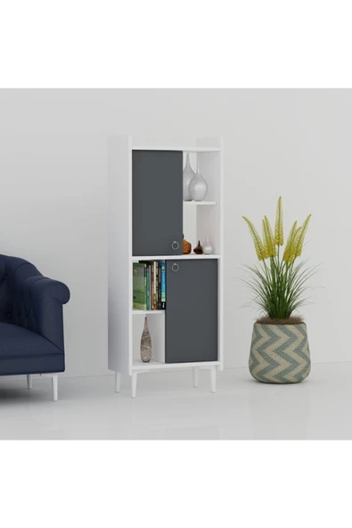 Cantek Dizayn Leeds Kitaplık Ve Çok Amaçlı Dolap Beyaz-Antrasit - 3