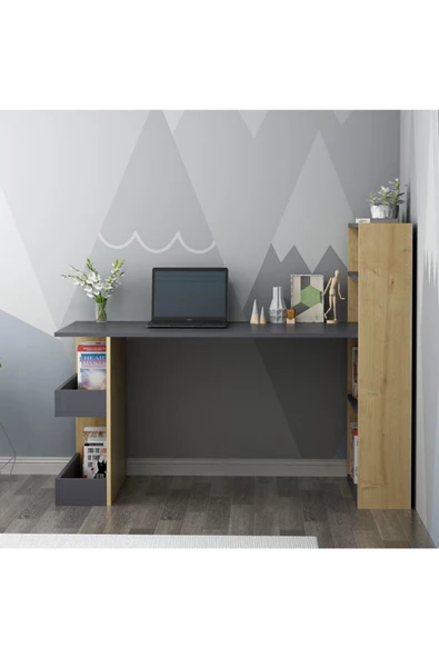 Cantek Nirvanna Kitaplıklı Çalışma Masası Antrasit-Safirmeşe 120X60 Cm - 2
