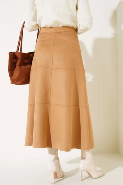 Fermuarlı Süet Kloş Etek Camel - Resim 3