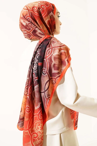 Dijital Etnik Desen Medine Şal Oranj - Resim 3