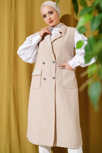 Düğmeli Uzun Buklet Yelek Bej ürün görseli 1