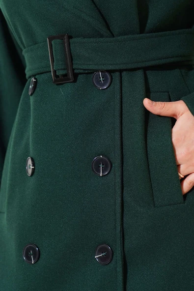 Omuz Apoletli  Kuşaklı Uzun Kaşe Kaban Zümrüt - Resim 4