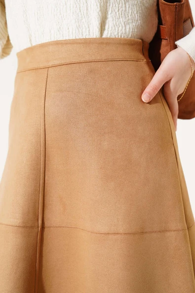 Fermuarlı Süet Kloş Etek Camel - Resim 4