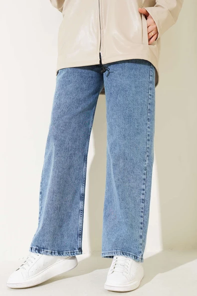 Kuşaklı Bel Lastikli Kot Pantolon Kar Orta - 3