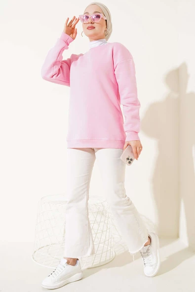 Üç İplik Basic Sweatshirt Pembe - 2