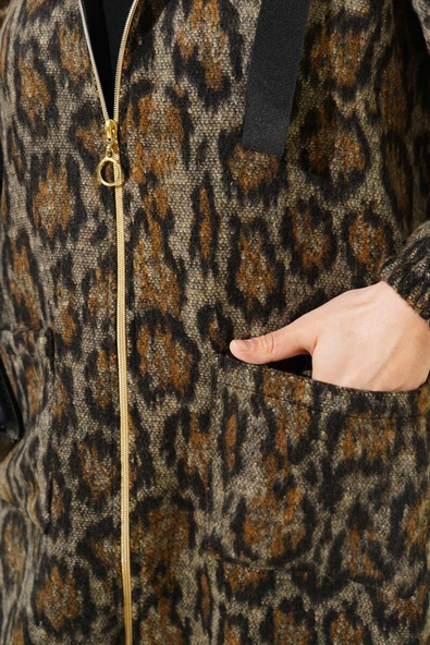 Kapüşonlu Fermuarlı Leopar Desen Kaban Leopar - 4
