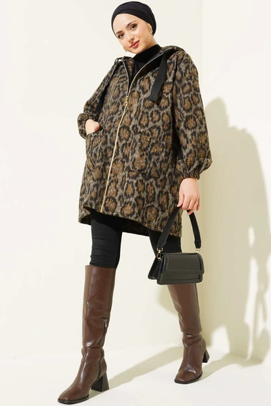 Kapüşonlu Fermuarlı Leopar Desen Kaban Leopar - 2