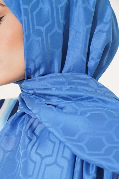 Geometrik Motifli Jakar Şal Mavi - Resim 4