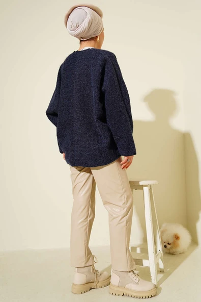 Önü Bağlamalı Kaşe Kimono Lacivert - 3