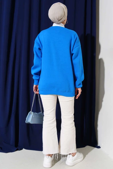 Üç İplik Basic Sweatshirt Mavi - Resim 3