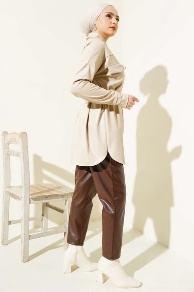 Çıtçıt Düğmeli Kuşaklı Deri Gömlek Bej - Resim 3