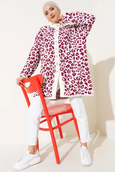 Leopar Desen Düğmeli Triko Hırka Ekru Bordo - 2