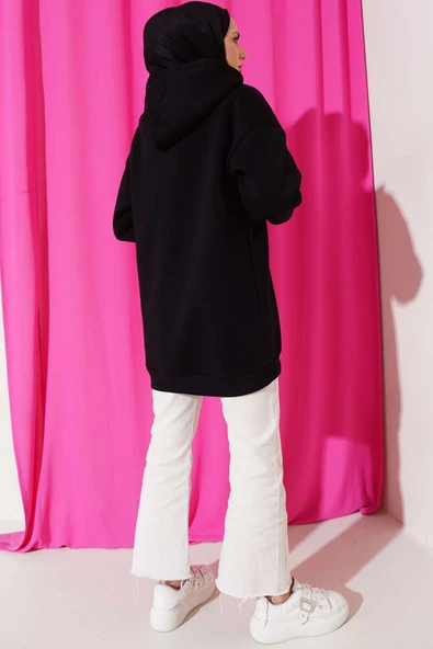 Üç İplik Yarım Çıtçıtlı Sweatshirt Siyah - Resim 3