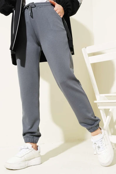 İnce Çizgili Bel İpli Jogger Pantolon Füme - 2
