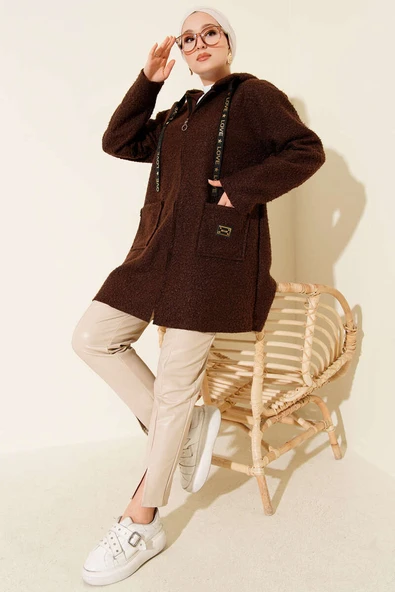 Fermuarlı Cep Armalı Buklet Kaban Kahve - Resim 2