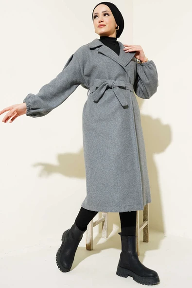 Bilekleri Lastikli Kaşe Kaban Kayrak Grisi - Resim 2