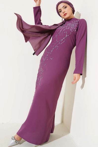 Önü Boydan Taşlı Büyük Beden Elbise Magenta ürün görseli 1