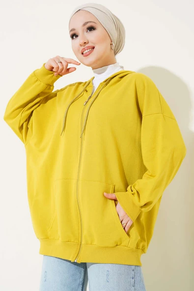 Kapüşonlu Fermuarlı Salaş Hırka Yağ Yeşili - Resim 2