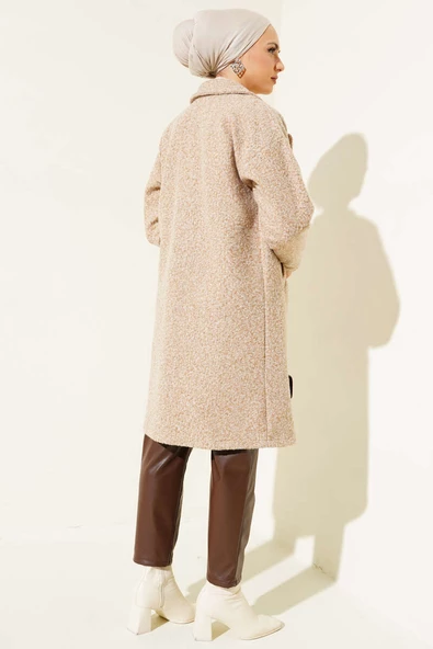 Manşet Düğmeli Buklet Kaban Latte - Resim 3