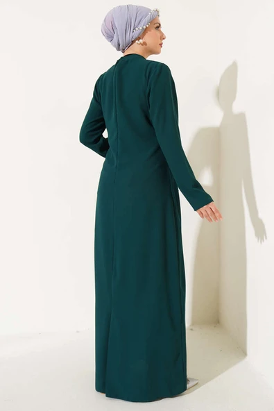 Önü Boydan Taşlı Büyük Beden Elbise Zümrüt - Resim 3