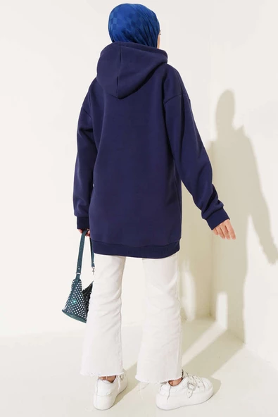 Üç İplik Yarım Çıtçıtlı Sweatshirt Lacivert - Resim 3