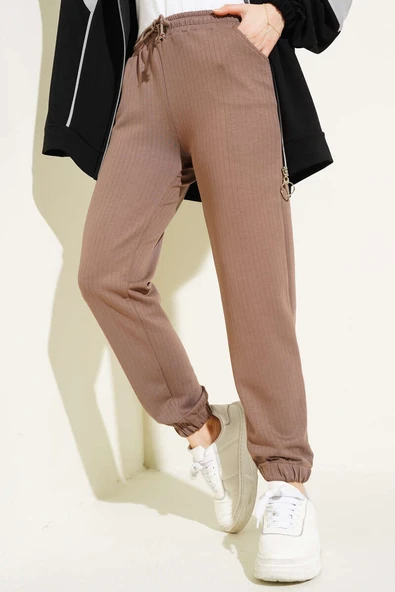 İnce Çizgili Bel İpli Jogger Pantolon Kahve - Resim 2