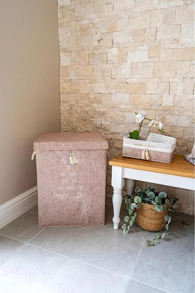 Keçe Kapaklı Çamaşır Sepeti, Çok Amaçlı Mega Saklama Kutusu Bej 55x41x30 cm - 2