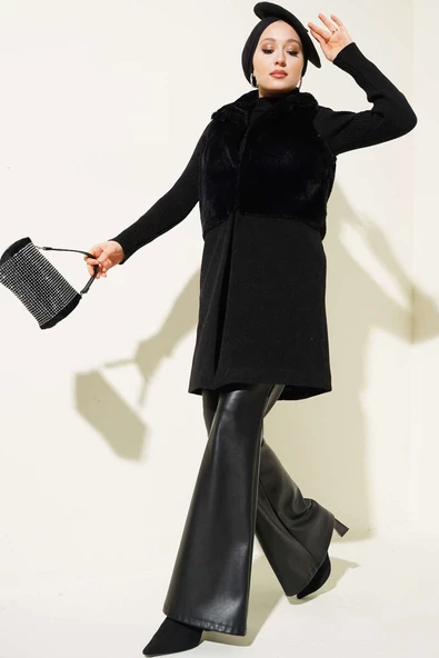 Garnili Peluş Kaşe Yelek Siyah - 2