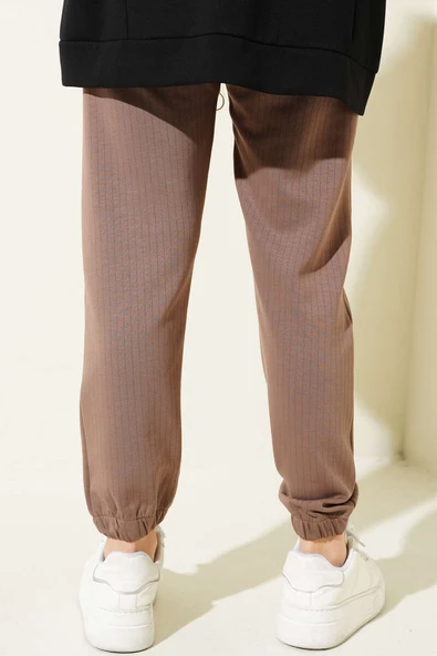 İnce Çizgili Bel İpli Jogger Pantolon Kahve - Resim 3