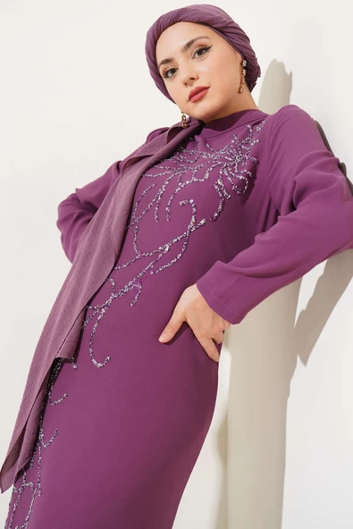 Önü Boydan Taşlı Büyük Beden Elbise Magenta - Resim 2