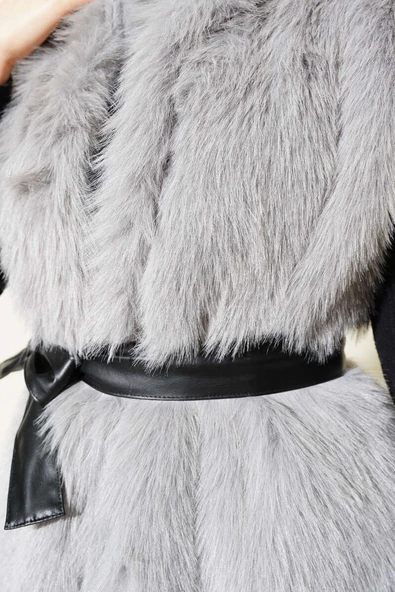 Lolita Peluş Kuşaklı Yelek Gri - Resim 4