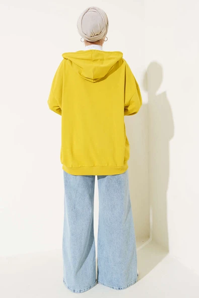 Kapüşonlu Fermuarlı Salaş Hırka Yağ Yeşili - Resim 3