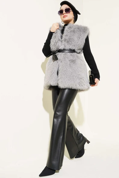 Lolita Peluş Kuşaklı Yelek Gri - Resim 2