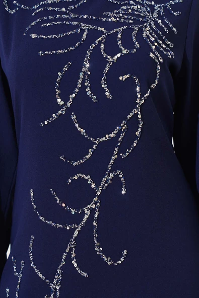 Önü Boydan Taşlı Büyük Beden Elbise Lacivert - Resim 4