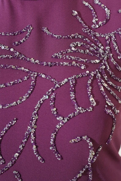 Önü Boydan Taşlı Büyük Beden Elbise Magenta - Resim 4