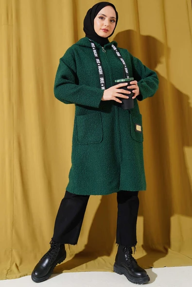 Armalı Kapüşonlu Buklet Kaban Zümrüt - Resim 2