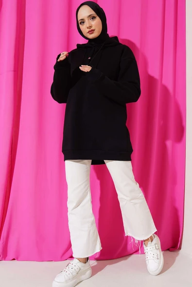 Üç İplik Yarım Çıtçıtlı Sweatshirt Siyah - Resim 2