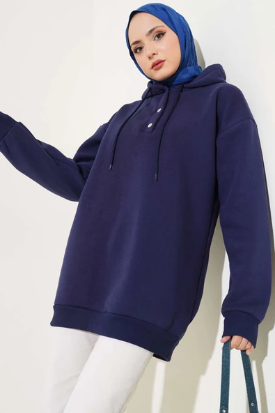 Üç İplik Yarım Çıtçıtlı Sweatshirt Lacivert ürün görseli