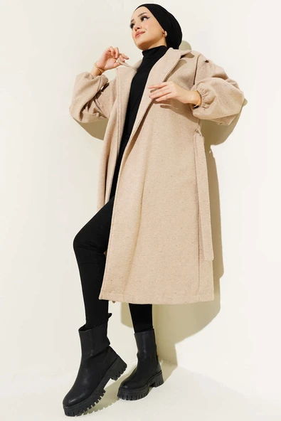 Bilekleri Lastikli Kaşe Kaban Latte ürün görseli 1