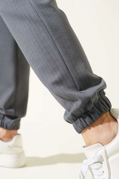 İnce Çizgili Bel İpli Jogger Pantolon Füme - Resim 4