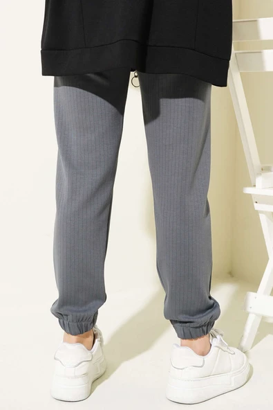 İnce Çizgili Bel İpli Jogger Pantolon Füme - 3