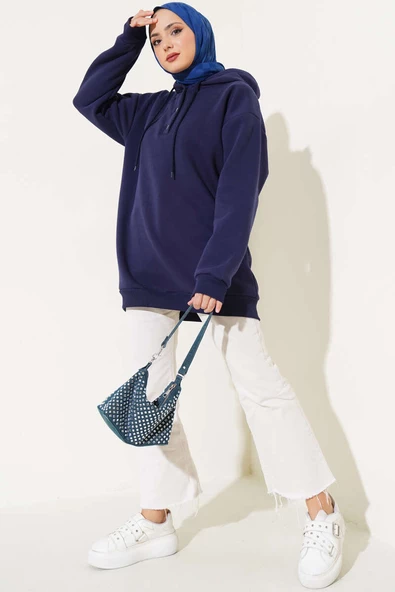 Üç İplik Yarım Çıtçıtlı Sweatshirt Lacivert - Resim 2