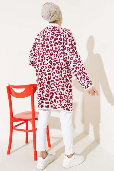 Leopar Desen Düğmeli Triko Hırka Ekru Bordo - 3
