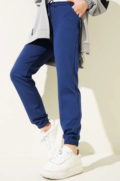 İnce Çizgili Bel İpli Jogger Pantolon Lacivert ürün görseli 1