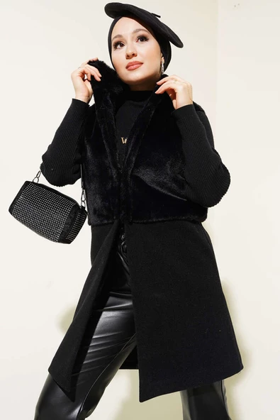 Garnili Peluş Kaşe Yelek Siyah