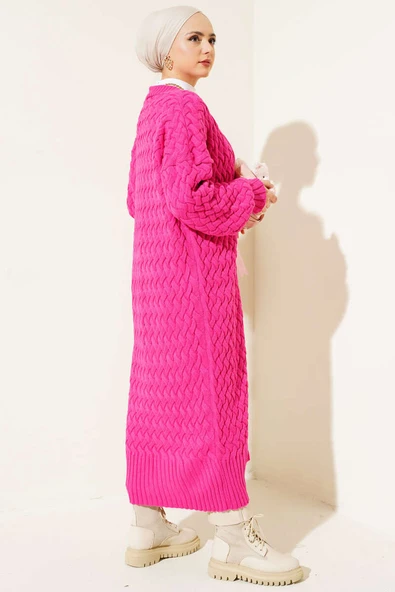 Boydan Düğmeli Sepet Örgü Uzun Hırka Fuşya - Resim 3